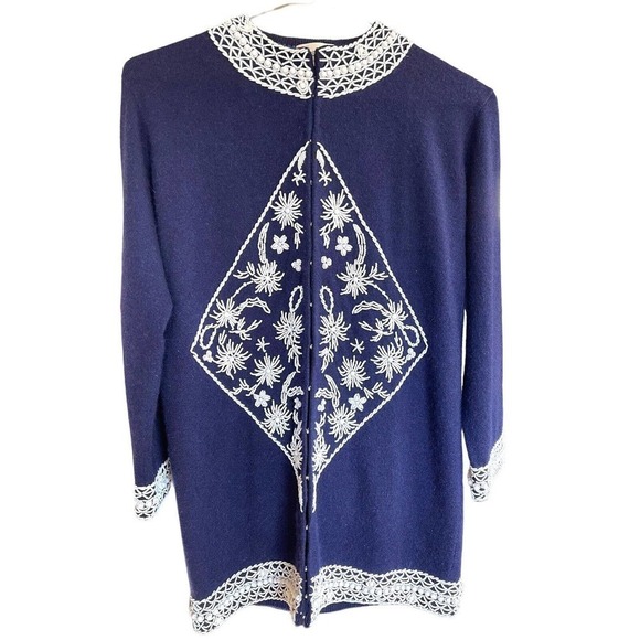 Vtg Elsie Tu Hong Kong 50s 60s Navy Blue Wool Beaded Cardigan Sweater Sz 38 - Picture 1 of 13